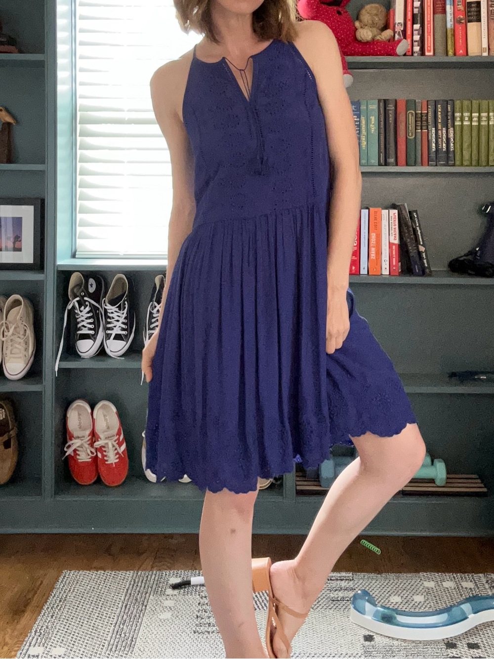 LOFT Royal Blue Eyelet Midi Dress with Tassel Ties